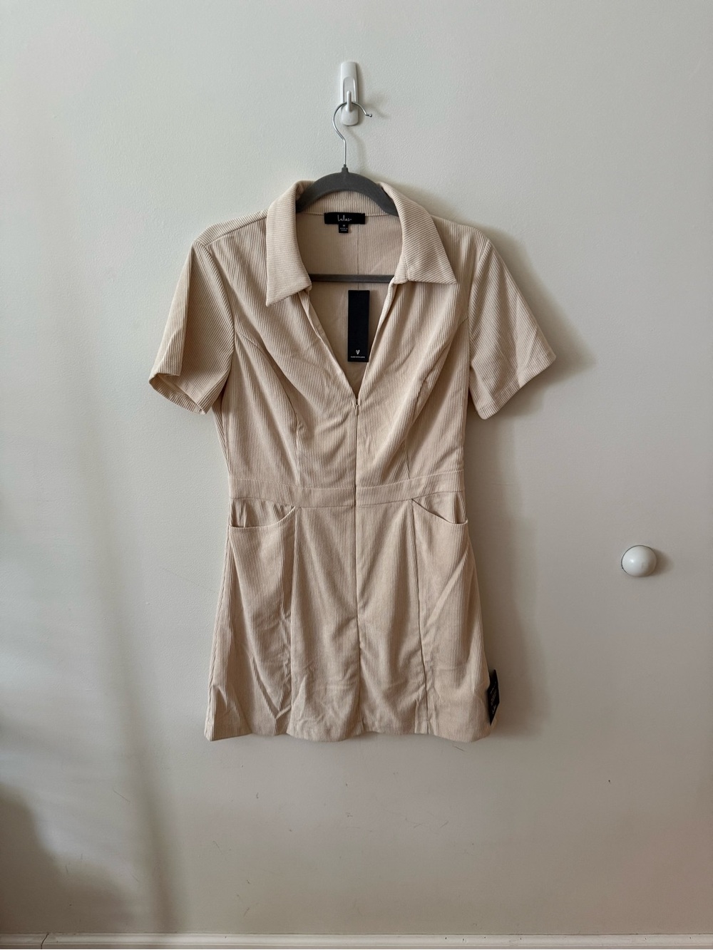 Lulu's Neutral Beige Collared Short-Sleeve Mini Dress